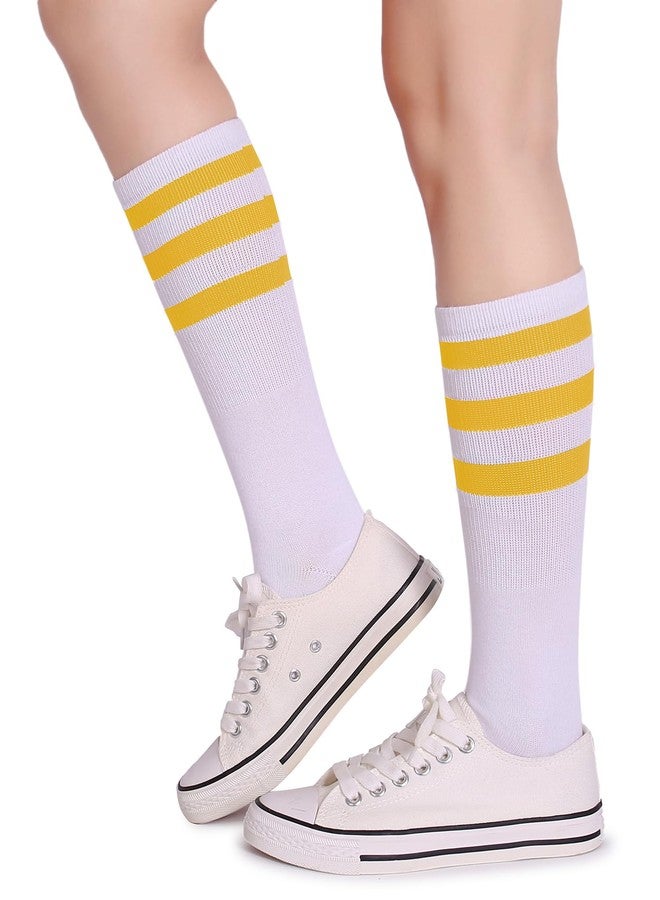 Pareberry Classic Triple Stripes Soft Cotton On the Calf Retro White Tube Socks (A-pair(Yellow/White)) - Image 2